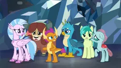 Size: 1280x720 | Tagged: safe, derpibooru import, screencap, gallus, ocellus, sandbar, silverstream, smolder, yona, changedling, changeling, classical hippogriff, dragon, earth pony, gryphon, hippogriff, pony, yak, what lies beneath, best friends, bow, cloven hooves, dragoness, female, hair bow, jewelry, male, monkey swings, necklace, student six, teenager