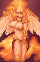 Size: 2926x4487 | Tagged: absolute cleavage, alicorn, anthro, armor, artist:audrarius, bedroom eyes, belly button, big breasts, breasts, busty daybreaker, cleavage, daybreaker, derpibooru import, female, hand on thigh, horn, looking at you, mare, slit eyes, smiling, solo, solo female, spread wings, standing, suggestive, unconvincing armor, wings