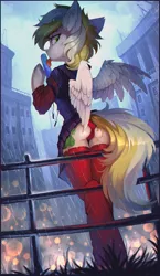 Size: 1156x2000 | Tagged: suggestive, artist:ramiras, artist:share dast, derpibooru import, oc, oc:dandelion blossom, unofficial characters only, pegasus, pony, semi-anthro, clothes, collaboration, commission, female, fence, grass, looking at you, looking back, looking back at you, mare, pleated skirt, rain, red underwear, skirt, skirt lift, socks, solo, thigh highs, tongue out, underwear, upskirt, ych result