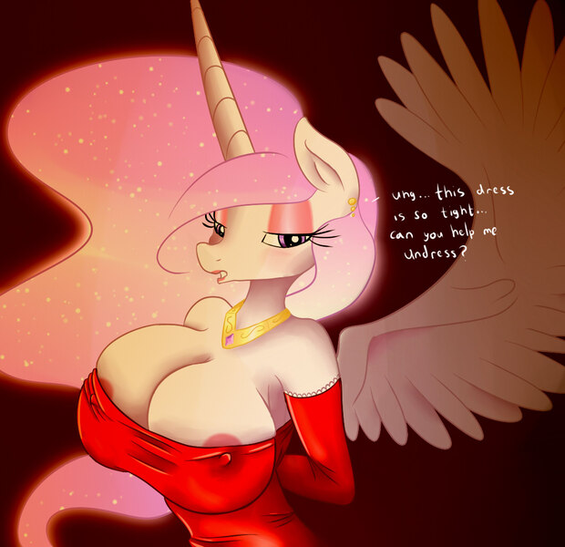 Size: 1058x1024 | Tagged: alternate version, anthro, areola, areola slip, artist:stasyan1902, artist:zev, big breasts, blushing, breasts, busty princess celestia, cleavage, clothes, colored, derpibooru import, dialogue, dress, edit, erect nipples, evening gloves, female, gloves, huge breasts, lipstick, long gloves, nipple outline, nipples, nipple slip, nudity, princess celestia, princess molestia, questionable, solo, solo female, tight clothing, wardrobe malfunction