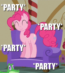 Size: 395x445 | Tagged: safe, derpibooru import, edit, edited screencap, screencap, gummy, pinkie pie, alligator, earth pony, pony, just for sidekicks, adorable face, animated, best pony, caption, couch, cropped, cute, diapinkes, excited, female, gif, happy, hopping, image macro, jumping, loop, mare, meme, party, pinkie being pinkie, pinkie pie is amused, ponk, smiley face, sugarcube corner, text, that pony sure does love parties