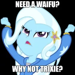 Size: 1024x1024 | Tagged: safe, derpibooru import, edit, trixie, equestria girls, black background, caption, dialogue, female, futurama, great and powerful, image macro, meme, simple background, solo, text, trixie yells at everything, waifu, why not, why not zoidberg