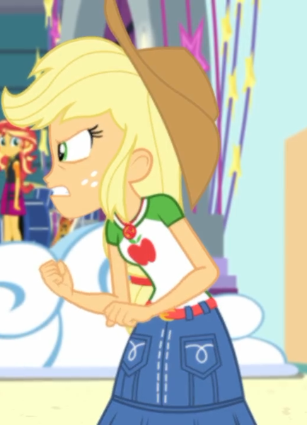 Size: 521x720 | Tagged: safe, derpibooru import, screencap, applejack, sunset shimmer, equestria girls, equestria girls series, rollercoaster of friendship, angry, cropped, female, geode of super strength, magical geodes