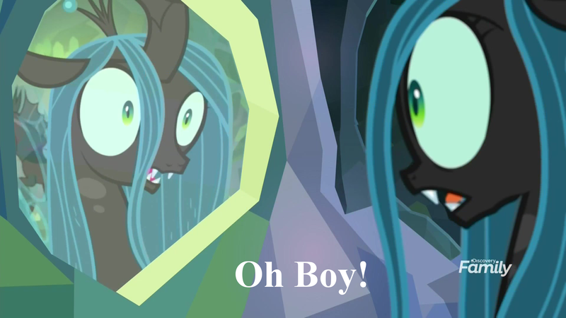 Size: 1920x1080 | Tagged: changeling, changeling queen, derpibooru import, disguise, disguised changeling, edit, edited screencap, female, nightmare cave, ocellus, quantum leap, queen chrysalis, reflection, safe, sam beckett, screencap, solo, what lies beneath