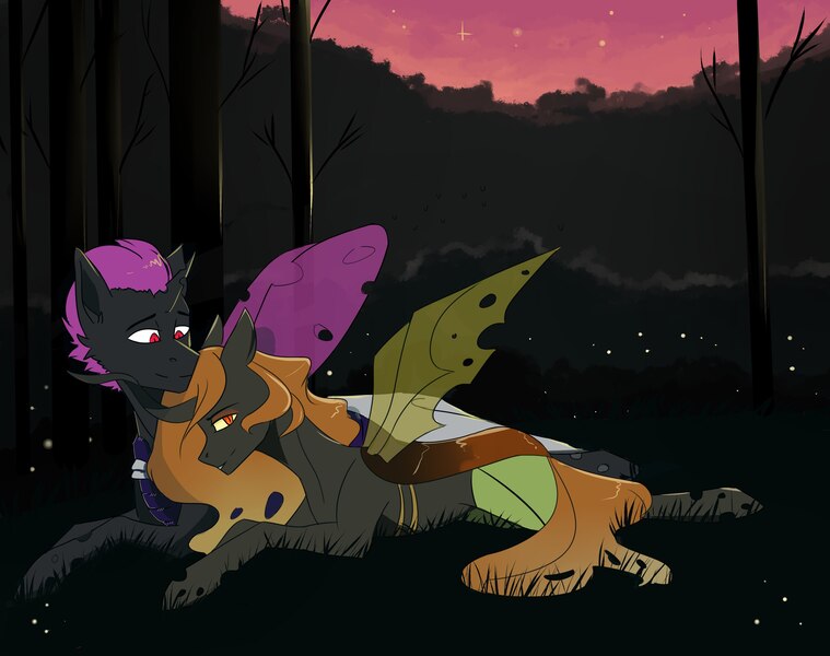 Size: 2560x2023 | Tagged: alternate universe, alternate version, changeling king, derpibooru import, dorestia, oc, oc:king dorigan, orange changeling, princess celestia, purple changeling, safe