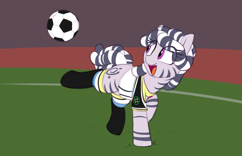 Size: 1280x825 | Tagged: safe, artist:shinodage, derpibooru import, oc, oc:zala, unofficial characters only, zebra, clothes, female, football, mare, /mlpol/, running, smiling, solo, sports, zebra oc