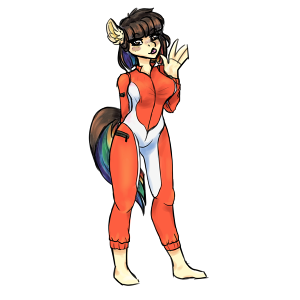 Size: 4000x4000 | Tagged: safe, artist:spoopygander, derpibooru import, oc, oc:polie lightmixer, unofficial characters only, anthro, plantigrade anthro, cute, ear fluff, female, freckles, fringe, multicolored hair, outline, simple background, solo, spacesuit, tongue out, transparent background, waving