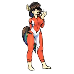 Size: 4000x4000 | Tagged: safe, artist:spoopygander, derpibooru import, oc, oc:polie lightmixer, unofficial characters only, anthro, plantigrade anthro, cute, ear fluff, female, freckles, fringe, multicolored hair, outline, simple background, solo, spacesuit, tongue out, transparent background, waving