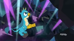 Size: 1920x1080 | Tagged: safe, derpibooru import, screencap, gallus, gryphon, what lies beneath, cave, discovery family logo, light, looking up, male, nightmare cave, paws, smiling, solo, tail, wings