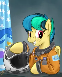 Size: 941x1166 | Tagged: safe, artist:buckweiser, derpibooru import, oc, oc:apogee, pegasus, pony, astronaut, clothes, equestrian flag, flight suit, helmet, older, smiling, solo, spacesuit