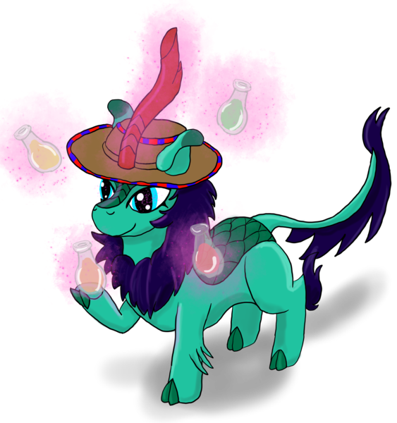 Size: 2480x2643 | Tagged: artist:lizardwithhat, derpibooru import, glowing horn, hat, hooves, horn, kirin, kirin oc, magic, magic aura, oc, oc:glimmershine, potions, safe, scales, simple background, solo, sounds of silence, telekinesis, transparent background, unofficial characters only