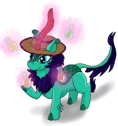 Size: 2480x2643 | Tagged: artist:lizardwithhat, derpibooru import, glowing horn, hat, hooves, horn, kirin, kirin oc, magic, magic aura, oc, oc:glimmershine, potions, safe, scales, simple background, solo, sounds of silence, telekinesis, transparent background, unofficial characters only