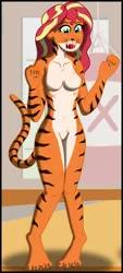 Size: 945x2089 | Tagged: anthro, artist:physicrodrigo, barbie doll anatomy, belly button, big cat, breasts, claws, commission, derpibooru import, digitigrade anthro, dojo, fangs, female, implied transformation, nudity, punching bag, shocked expression, solo, solo female, species swap, suggestive, sunset shimmer, surprised, tiger