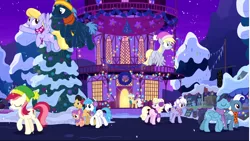 Size: 1680x947 | Tagged: safe, derpibooru import, screencap, burning passion, cherry cola, cherry fizzy, cloud kicker, derpy hooves, heart pacer, lightning bolt, love sketch, mayor mare, millie, roseluck, star hunter, strawberry swing, white lightning, earth pony, pegasus, pony, best gift ever, background pony, christmas, christmas lights, earmuffs, female, flying, hearth's warming tree, holiday, male, mare, night, ponyville, ponyville town hall, snow, stallion, the true gift of gifting, town hall, tree, winter