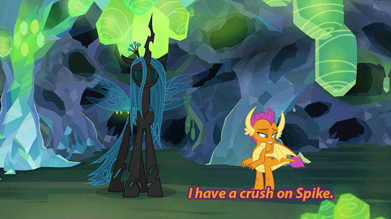 Size: 800x450 | Tagged: animated, cave, changedling, changeling, changeling queen, derpibooru import, dragon, dragoness, duo, edit, edited screencap, female, gif, implied spike, implied spolder, male, nightmare cave, ocellus, queen chrysalis, safe, screencap, shipping, smolder, spike, spolder, straight, what lies beneath