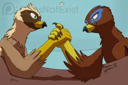 Size: 2000x1333 | Tagged: safe, artist:theandymac, derpibooru import, oc, oc:saewin, oc:serilde, unofficial characters only, gryphon, arm wrestling, eye contact, looking at each other, patreon, simple background, worm's eye view
