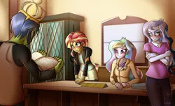 Size: 2800x1700 | Tagged: safe, artist:elmutanto, derpibooru import, princess celestia, princess luna, sunset shimmer, oc, oc:rally flag, equestria girls, blushing, book, canterlot high, celestia's office, clothes, commission, crown, crown of aphrosia, desk, jacket, jewelry, leather jacket, pants, principal celestia, regalia, school, story included, vice principal luna