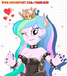 Size: 660x755 | Tagged: suggestive, artist:charliexe, derpibooru import, princess celestia, equestria girls, bowsette, bracelet, breasts, busty princess celestia, claws, clothes, cosplay, costume, crown, female, horns, jewelry, looking at you, new super mario bros. u deluxe, nintendo direct, one eye closed, principal celestia, regalia, smiling, solo, solo female, spiked wristband, super crown, wink, wristband