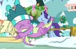 Size: 584x380 | Tagged: best gift ever, claws, clothes, cropped, derpibooru import, dragon, eyes closed, friendship student, hat, male, november rain, safe, scarf, screencap, solo focus, spike, tail, winged spike, wings