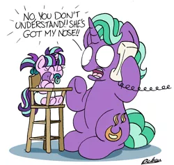 Size: 1826x1731 | Tagged: safe, artist:bobthedalek, derpibooru import, firelight, starlight glimmer, pony, unicorn, :t, baby, baby pony, cute, dialogue, diaper, father and child, father and daughter, female, filly, filly starlight glimmer, foal, frown, glimmerbetes, got your nose, highchair, hoof hold, horrified, hug, literal, male, modular, no nose, nose, not hyperbole, open mouth, pacifier, phone, shitposting, shocked, simple background, stallion, text, underhoof, wat, white background, wide eyes, yelling, younger