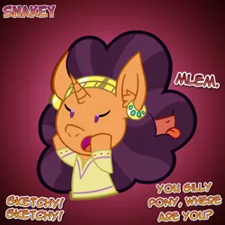 Size: 768x768 | Tagged: safe, artist:snakeythingy, derpibooru import, saffron masala, oc, oc:sketchy dupe, dialogue, gradient background, mane, mlem, silly, story included, tongue out