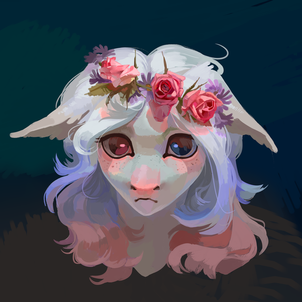 Size: 1024x1024 | Tagged: safe, artist:yanisfucker, derpibooru import, oc, unofficial characters only, pony, abstract background, bust, floppy ears, flower, flower in hair, freckles, looking at you, portrait, solo