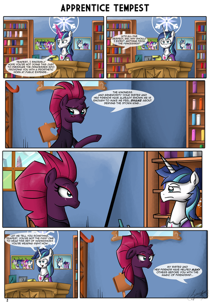 Size: 4450x6388 | Tagged: safe, artist:zsparkonequus, derpibooru import, fizzlepop berrytwist, shining armor, tempest shadow, pony, unicorn, comic:apprentice tempest, my little pony: the movie, absurd resolution, armor, bookshelf, broken horn, bust, comic, eye scar, horn, loss (meme), office, portrait, scar, speech bubble