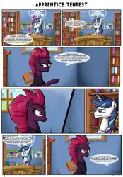 Size: 4450x6388 | Tagged: safe, artist:zsparkonequus, derpibooru import, fizzlepop berrytwist, shining armor, tempest shadow, pony, unicorn, comic:apprentice tempest, my little pony: the movie, absurd resolution, armor, bookshelf, broken horn, bust, comic, eye scar, horn, loss (meme), office, portrait, scar, speech bubble