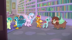 Size: 1280x720 | Tagged: safe, derpibooru import, screencap, gallus, ocellus, sandbar, silverstream, smolder, yona, changedling, changeling, classical hippogriff, dragon, earth pony, gryphon, hippogriff, pony, yak, what lies beneath, bow, cloven hooves, crossed arms, dragoness, female, hair bow, happy, jewelry, library, male, monkey swings, necklace, school of friendship, student six, teenager