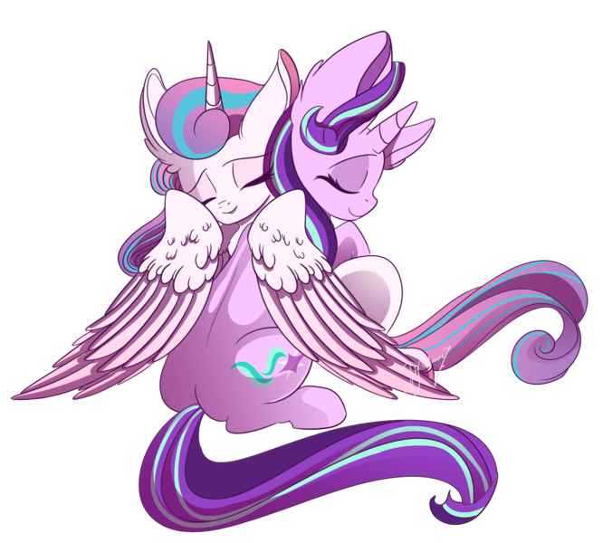 Size: 1500x1352 | Tagged: safe, artist:hagallaz, derpibooru import, princess flurry heart, starlight glimmer, alicorn, pony, unicorn, cute, female, filly, hug, mare, older, older flurry heart, simple background, transparent background, winghug