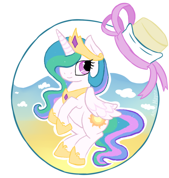 Size: 1600x1680 | Tagged: safe, artist:heedheed, derpibooru import, princess celestia, alicorn, pony, bottle, female, hat, hoof shoes, looking at you, mare, pony in a bottle, simple background, solo, transparent background