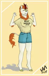 Size: 1750x2700 | Tagged: anthro, artist:0-van-0, autumn blaze, best kirin, clothes, derpibooru import, eyes closed, grin, kirin, pointing at self, safe, shirt, short, shorts, smiling, solo, sounds of silence, unguligrade anthro