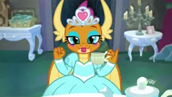 Size: 1920x1080 | Tagged: clothes, cup, derpibooru import, dragon, dragoness, dress, female, food, makeup, princess smolder, safe, screencap, smolder, solo, tea, teacup, what lies beneath