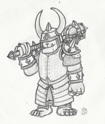 Size: 1661x1953 | Tagged: armor, artist:sensko, barbarian, bipedal, chieftain, derpibooru import, diamond dog, diamond dog oc, grayscale, helmet, hidden eyes, horned helmet, mace, monochrome, oc, pencil drawing, safe, solo, traditional art, unofficial characters only, weapon