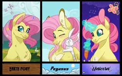 Size: 1280x800 | Tagged: safe, artist:itstaylor-made, derpibooru import, angel bunny, fluttershy, earth pony, pegasus, pony, unicorn, blushing, carrot, chest fluff, cute, cute little fangs, deviantart watermark, ear fluff, earth pony fluttershy, fangs, female, flower, flower in hair, food, freckles, glowing horn, horn, levitation, looking at you, magic, mare, night, obtrusive watermark, pale belly, race swap, telekinesis, unicorn fluttershy, watermark