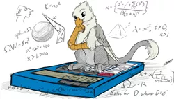 Size: 2154x1234 | Tagged: safe, artist:tinibirb, artist:xeirla, derpibooru import, oc, oc:der, unofficial characters only, gryphon, calculator, colored, equation, male, math, micro, sketch, solo