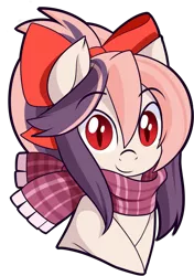 Size: 1539x2190 | Tagged: safe, artist:xwhitedreamsx, derpibooru import, oc, oc:sweet velvet, unofficial characters only, bat pony, pony, bat pony oc, bat wings, bow, clothes, cute, female, hair bow, mare, red eyes, scarf, simple background, smiling, solo, transparent background, wings