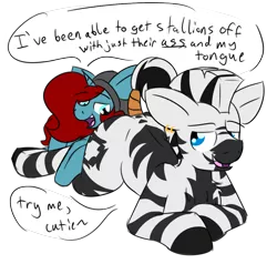 Size: 1207x1148 | Tagged: suggestive, artist:starry5643, derpibooru import, oc, oc:haefen, oc:starry gaze, unofficial characters only, pony, unicorn, zebra, dialogue, gay, imminent analingus, implied anal, implied analingus, implied oral, implied sex, male, males only, prone, simple background, stallion, transparent background, zebra oc
