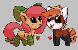 Size: 302x192 | Tagged: safe, artist:lockheart, artist:pabbley, derpibooru import, oc, oc:cherry sweetheart, oc:pandy cyoot, unofficial characters only, earth pony, pony, red panda, red panda pony, :p, blushing, bow, clothes, female, hair bow, heart, looking at each other, mare, silly, simple background, smiling, socks, striped socks, tiny, tiny ponies, tongue out