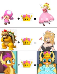 Size: 868x1125 | Tagged: bowser, bowsette, derpibooru import, dragon, dragoness, female, meme, new super mario bros. u deluxe, peachette, princess smolder, safe, smolder, super crown, super mario bros., toadette, what lies beneath