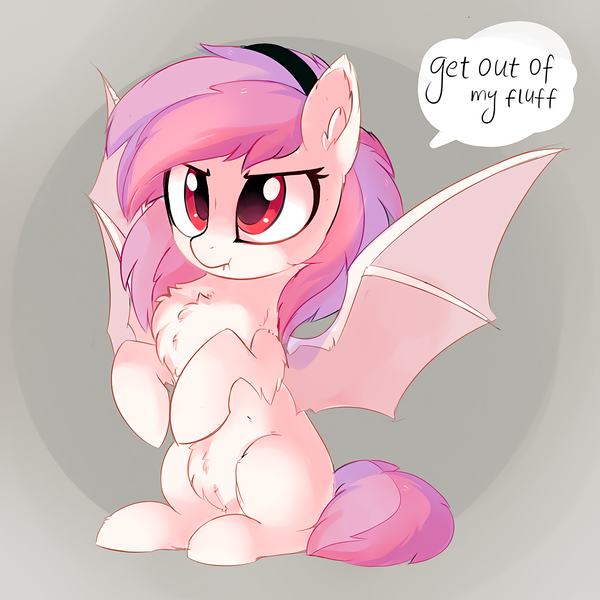 Size: 1424x1424 | Tagged: safe, artist:aureai, derpibooru import, oc, oc:valkiria, unofficial characters only, bat pony, pony, :t, abstract background, angry, bat pony oc, bat wings, belly fluff, blank flank, chest fluff, cute, cute little fangs, ear fluff, fangs, female, fluffy, headband, i'm not cute, leg fluff, mare, puffy cheeks, raised hoof, sitting, solo, speech bubble, spread wings, unamused, wings