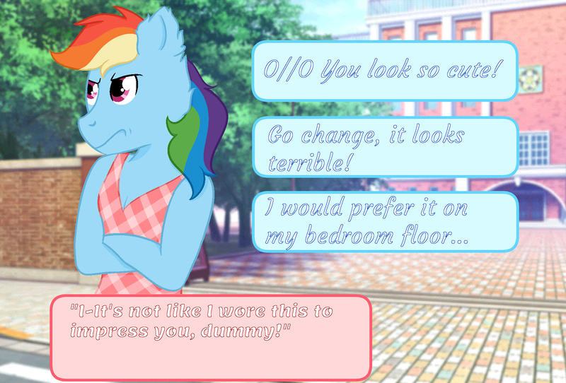 Size: 3712x2516 | Tagged: anthro, artist:gr0ttie, clothes, dating sim, derpibooru import, dress, rainbow dash, safe, solo, tsunderainbow, tsundere