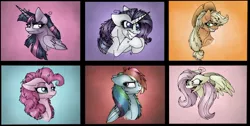 Size: 2048x1031 | Tagged: safe, artist:melonseed11, derpibooru import, mean applejack, mean fluttershy, mean pinkie pie, mean rainbow dash, mean rarity, mean twilight sparkle, alicorn, pony, the mean 6, bust, clone, clone six, portrait