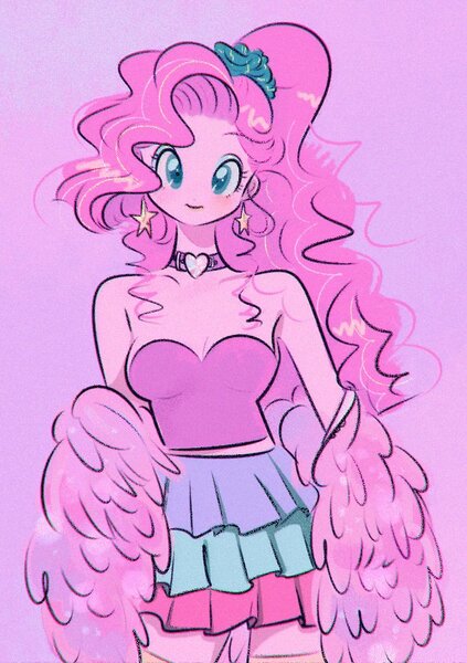 Size: 640x908 | Tagged: artist:mmoriqomm, choker, clothes, derpibooru import, female, human, humanized, pinkie pie, pom pom, safe, shoulderless, simple background, solo
