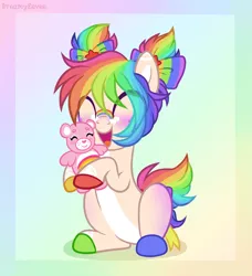 Size: 2429x2658 | Tagged: safe, artist:dreamyeevee, derpibooru import, oc, oc:dear diary, unofficial characters only, colored hooves, eyes closed, multicolored hair, rainbow hair, solo, teddy bear