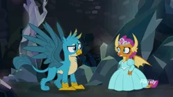 Size: 1920x1080 | Tagged: safe, derpibooru import, screencap, gallus, smolder, dragon, gryphon, what lies beneath, clothes, context is for the weak, discovery family logo, dragoness, dress, duo, female, girly, jewelry, lipstick, male, nightmare cave, princess outfit, princess smolder, tiara, uhh i can explain