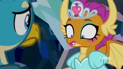 Size: 1920x1080 | Tagged: safe, derpibooru import, screencap, gallus, smolder, dragon, gryphon, what lies beneath, clothes, discovery family logo, dragoness, dress, female, jewelry, male, princess smolder, tiara