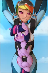 Size: 1500x2270 | Tagged: safe, artist:captainpudgemuffin, derpibooru import, rainbow dash, twilight sparkle, human, pony, air ponyville, both cutie marks, clothes, cute, dashabetes, duo, fear, female, goggles, harness, holding a pony, humanized, mare, parachute, parachuting, smiling, tack, twiabetes