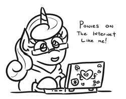 Size: 525x414 | Tagged: safe, artist:jargon scott, derpibooru import, princess flurry heart, alicorn, pony, black and white, computer, female, filly, glasses, grayscale, happy, laptop computer, monochrome, nerd, nerdy heart, older, smiling, solo