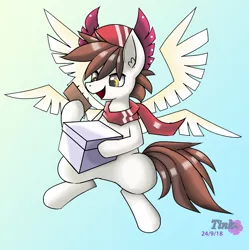Size: 1562x1568 | Tagged: safe, artist:pencil bolt, derpibooru import, oc, oc:prince aurora, unofficial characters only, pegasus, pony, box, clothes, four wings, hat, light, male, multiple wings, paper, scarf, smiling, wings